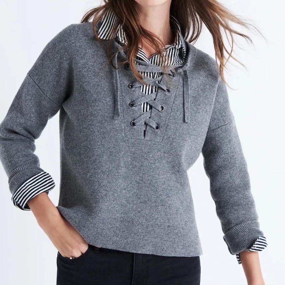 Madewell Gray Lace-Up Crew Neck Merino Wool Sweater Sz Small